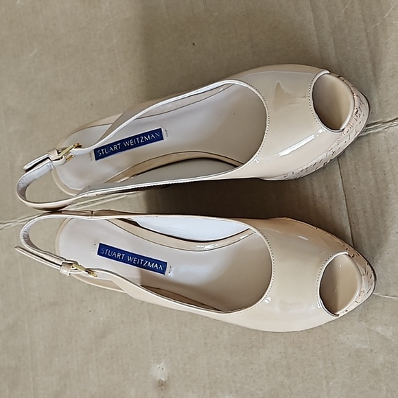 Stuart Weitzman beige patent leather cork wedge heel slingback shoes-7 - Picture 2 of 12